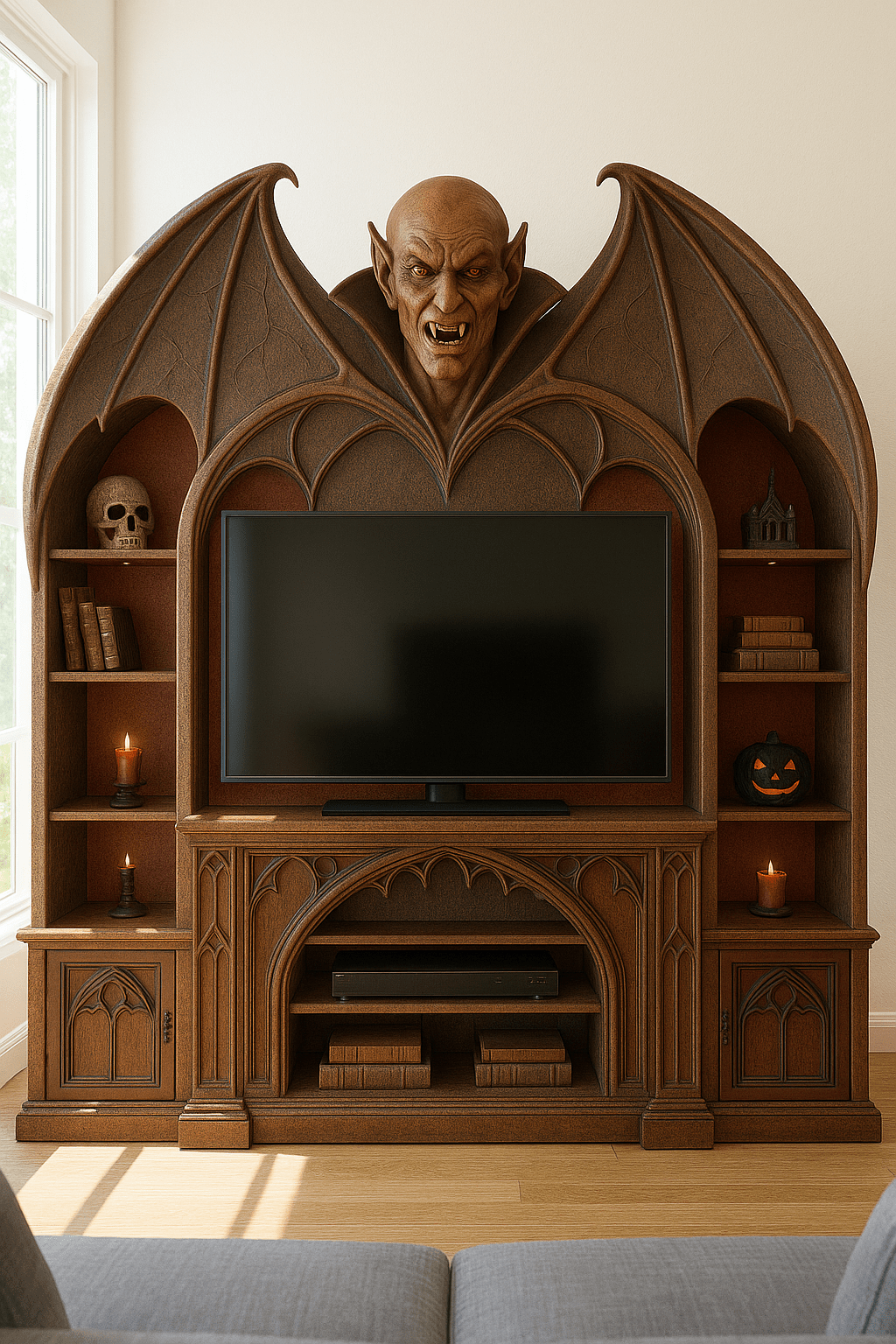 Brown gothic vampire TV stand with sculpted bust, bat wings, candles, skull, and pumpkin ornament.