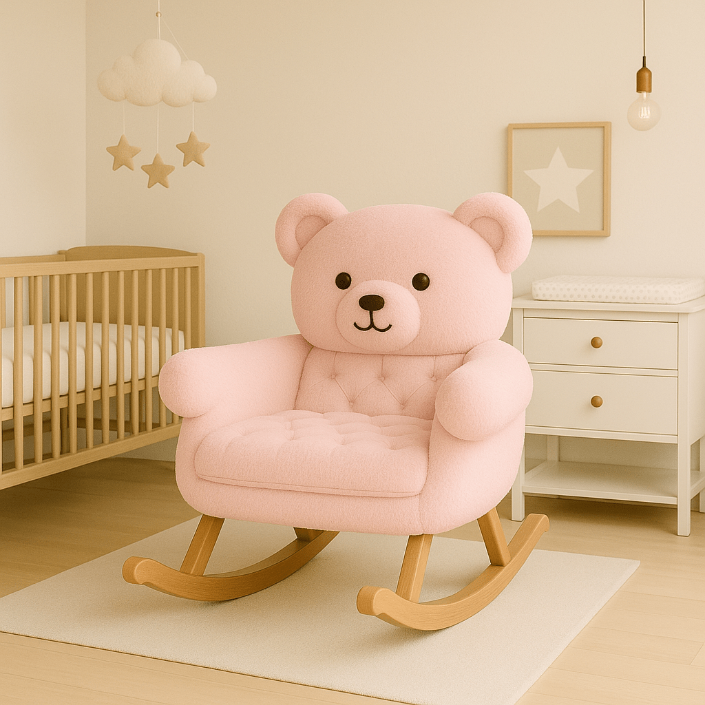 Pink rocking chair with padded seat and warm wooden base in a softly lit nursery