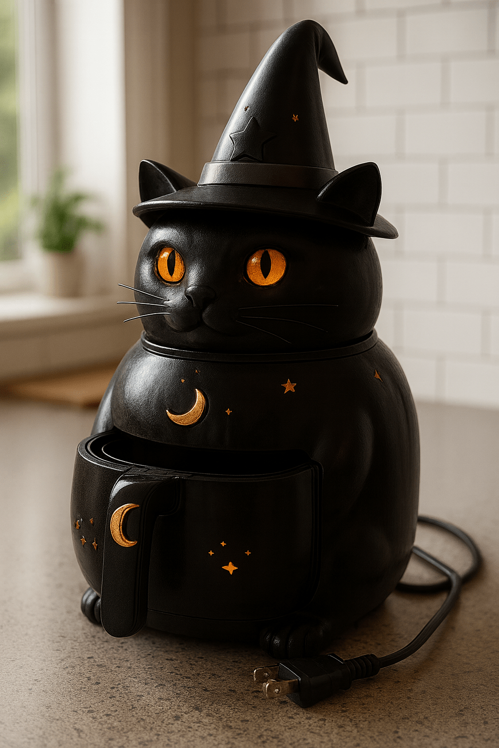 A sleek black cat-shaped air fryer with glowing orange eyes, crescent moon motifs, and a witch’s hat.