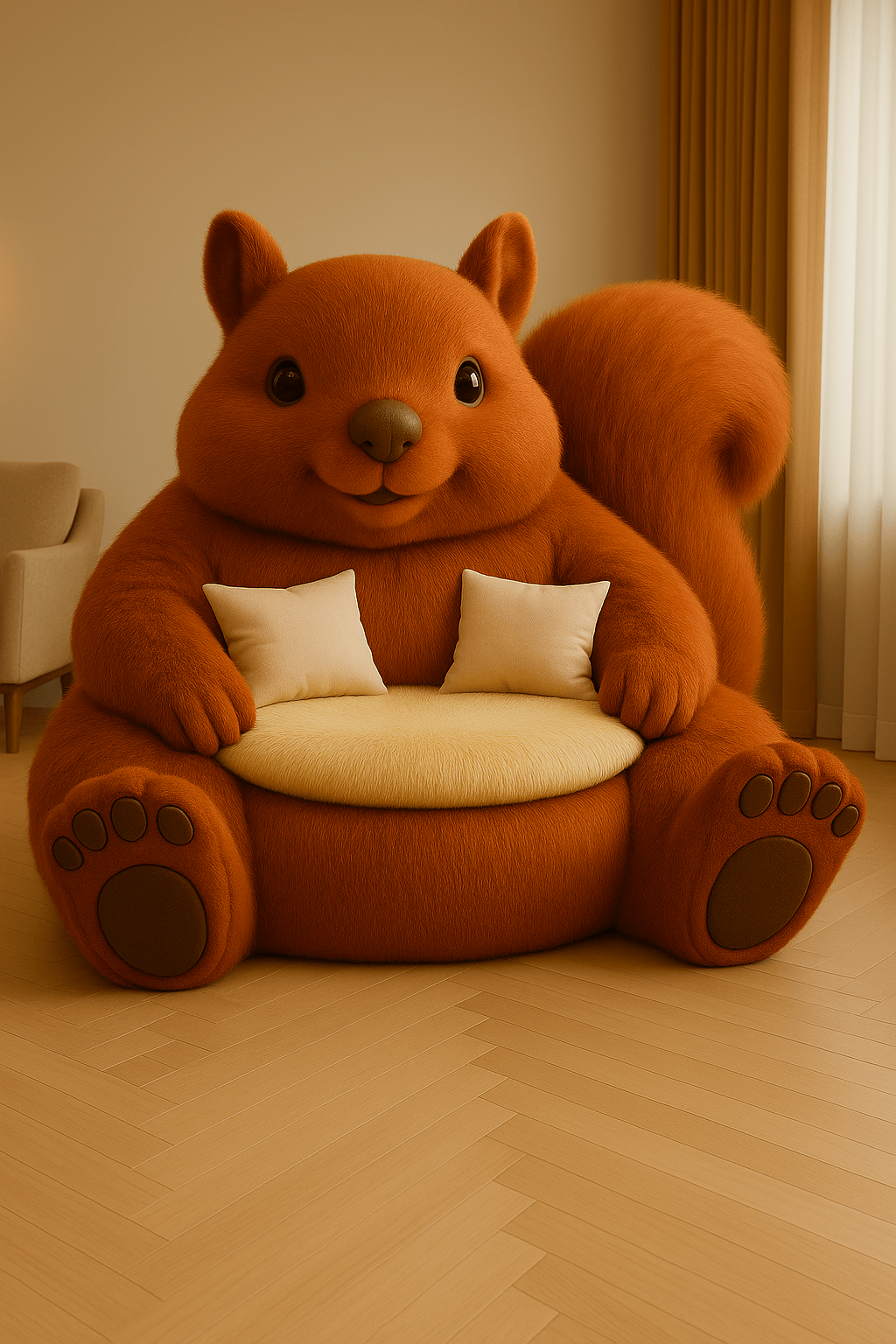 Oversized rust-red chair with fluffy tail and soft cream seating in a warm-toned living room.