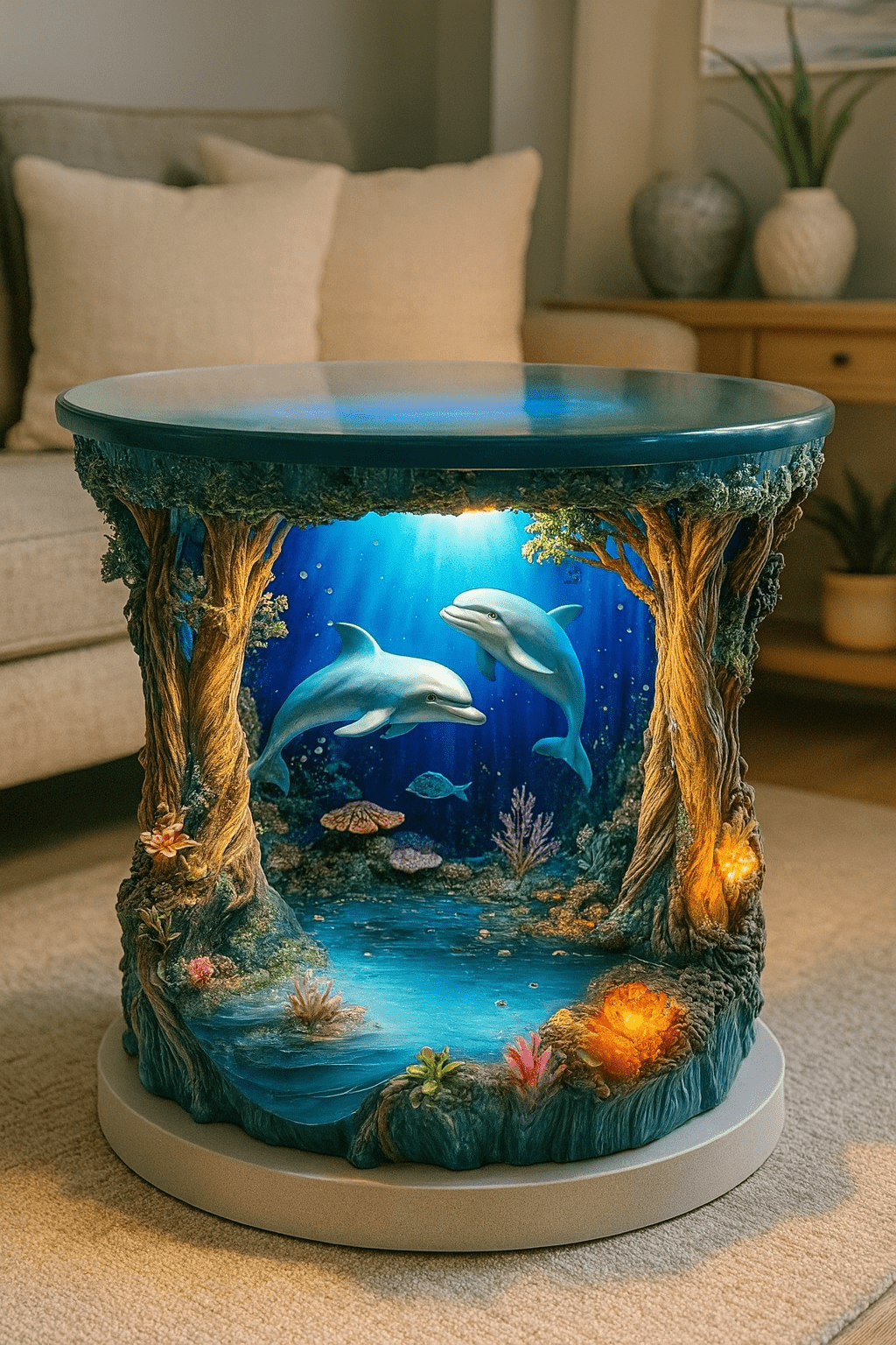 Modern glass coffee table featuring three sculpted dolphins leaping from ocean waves in a bright coastal living room.