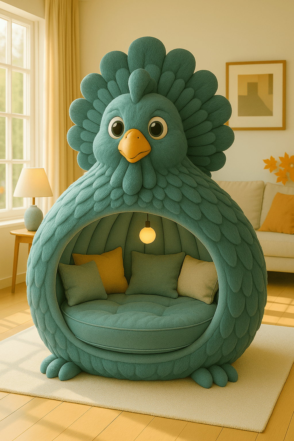 Teal green turkey-shape with matching cushions and built-in lamp in a sunlit room
