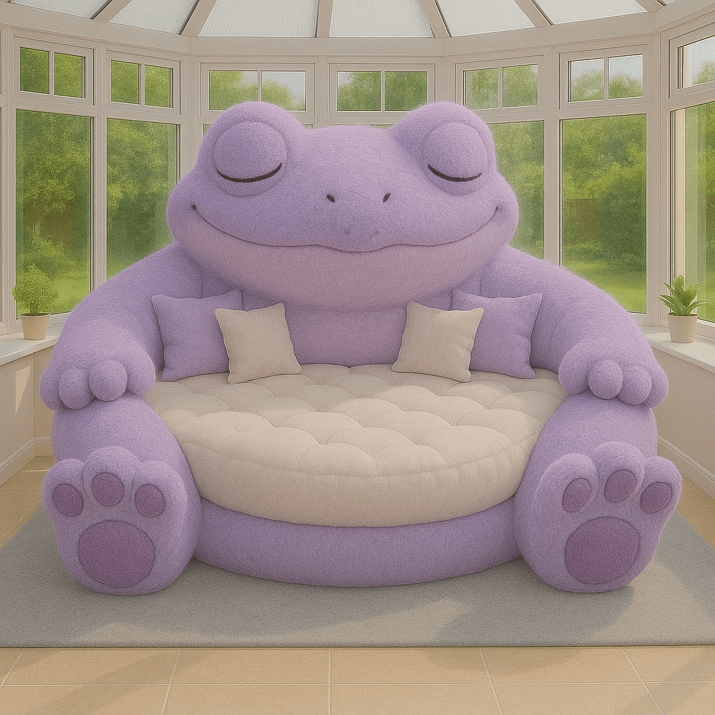 Plush purple frog-shaped sofa with soft cream seating in a light-filled conservatory