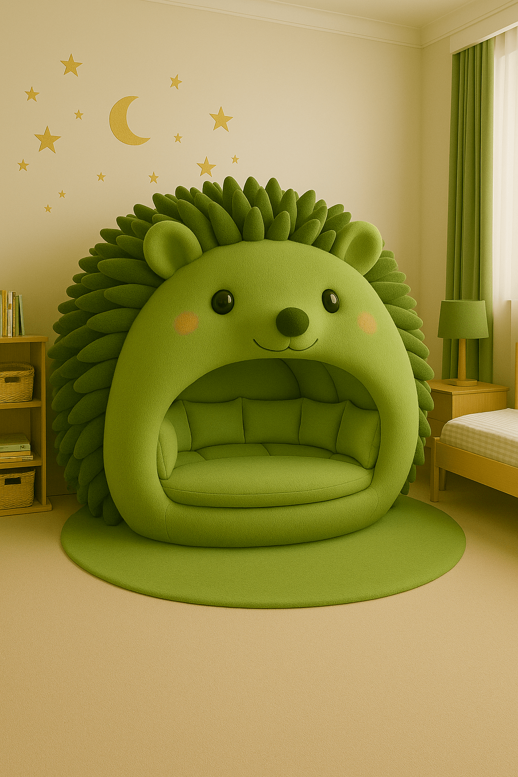 Green pod chair with soft padding placed beside a wooden bed and lamp