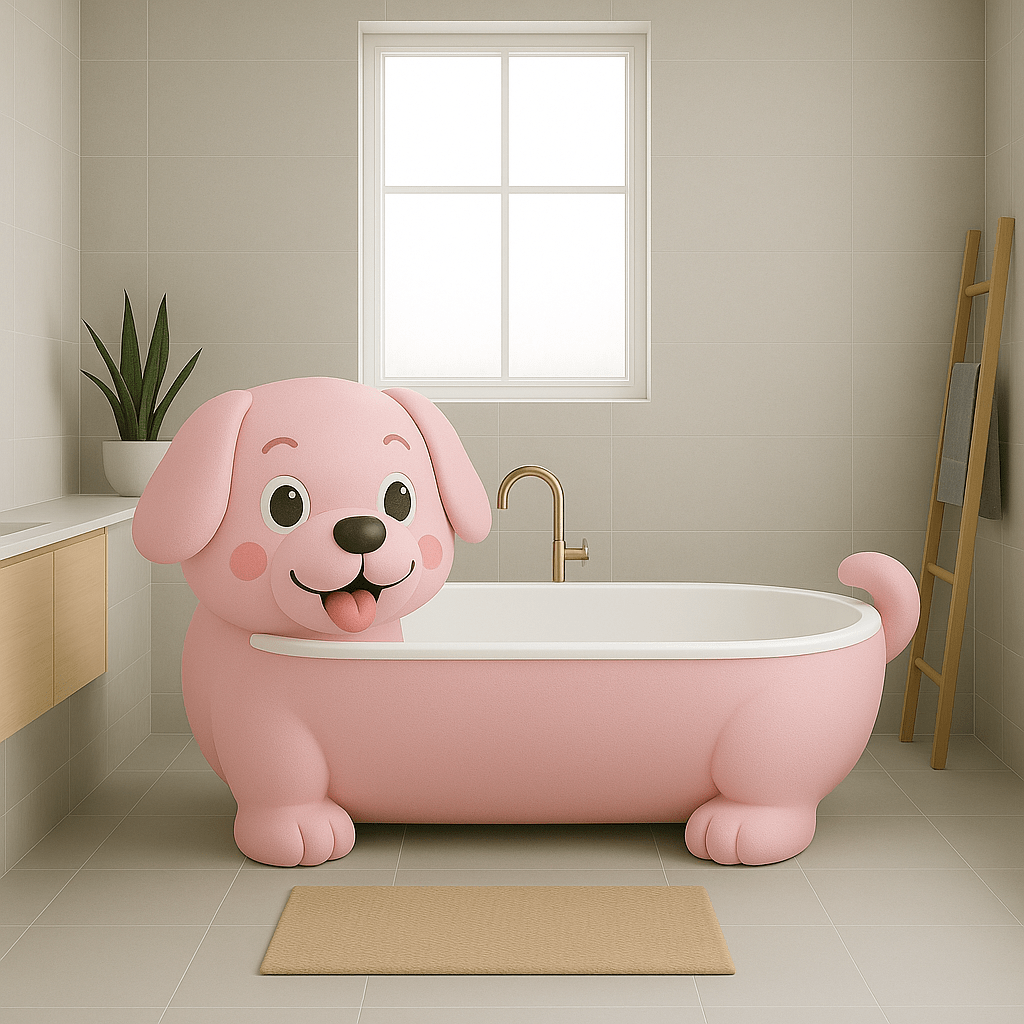 Soft pink puppy-shaped bathtub in warm neutral bathroom with gold tap and daylight from window.