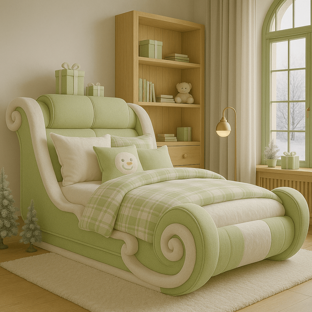 Cosy mint green sleigh bed with plaid bedding and wooden shelving in a warm, softly lit bedroom.