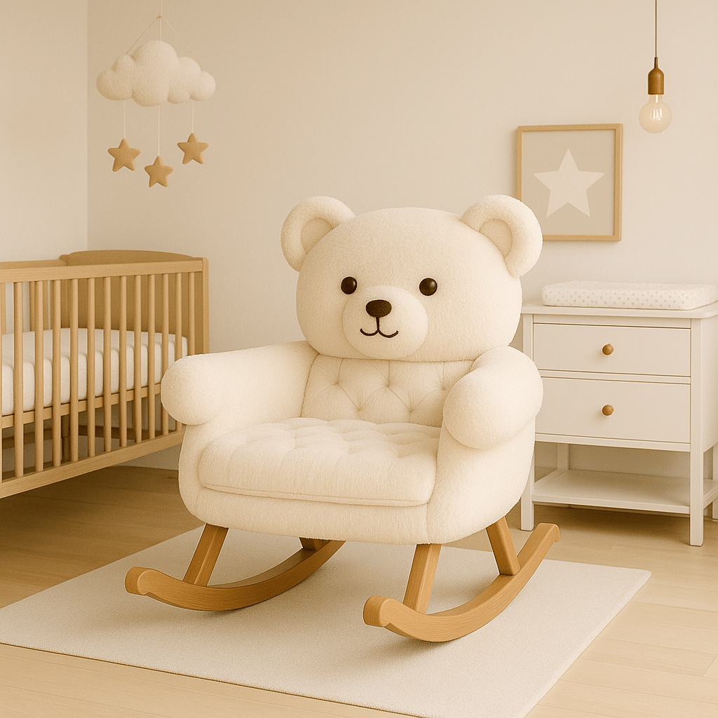 Cream-coloured teddy bear rocking chair with tufted cushion and curved wooden legs in a nursery