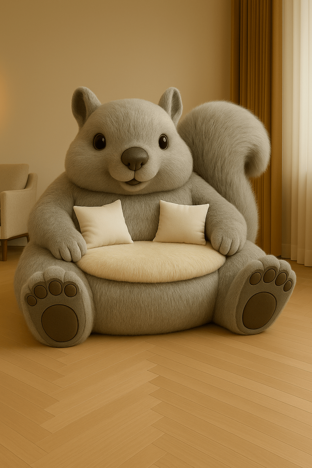Giant grey squirrel-inspired armchair with plush texture and two white cushions placed in a modern living space.