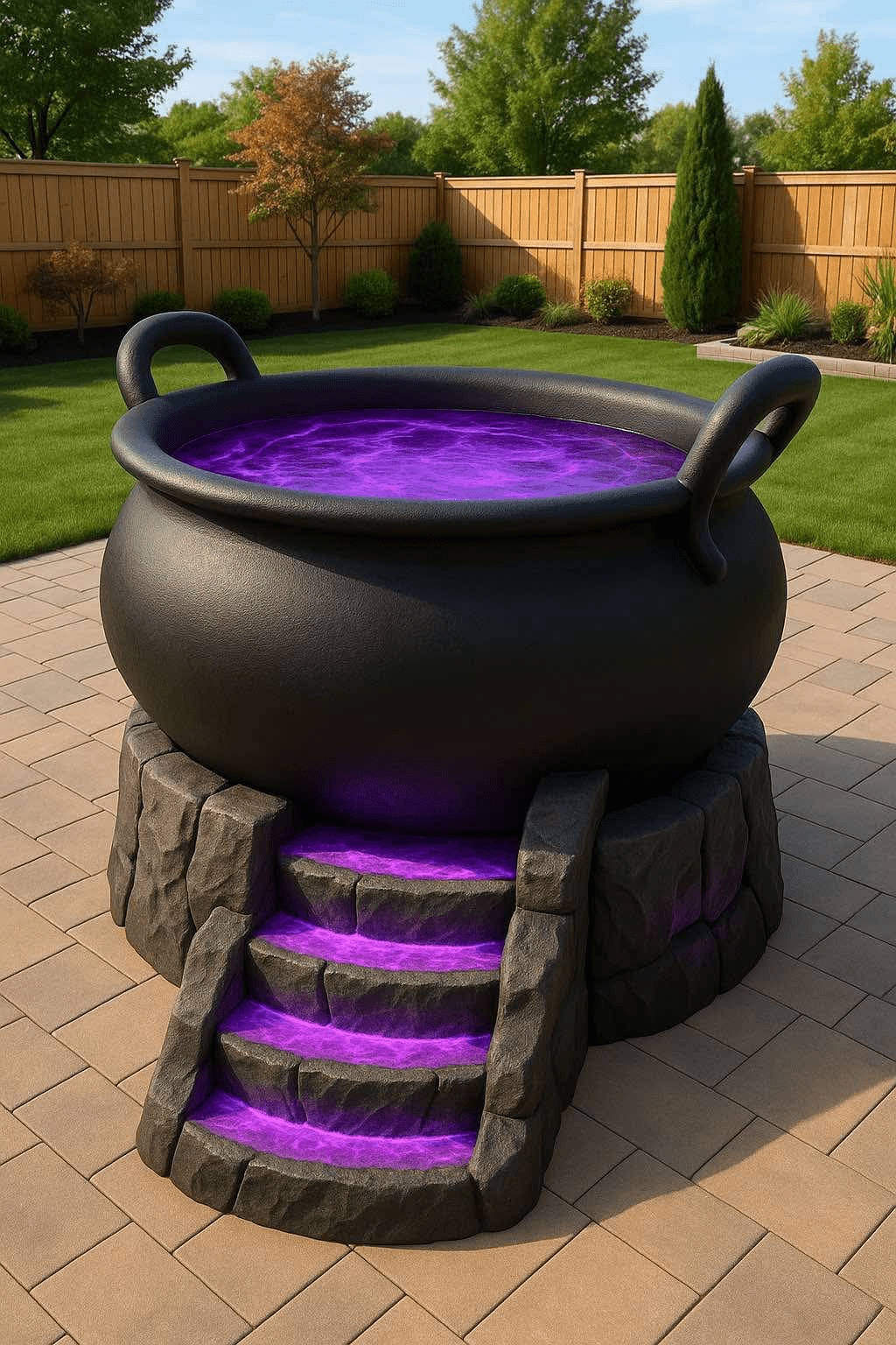 Black cauldron-shaped hot tub with purple glowing water and illuminated rock steps in a garden.