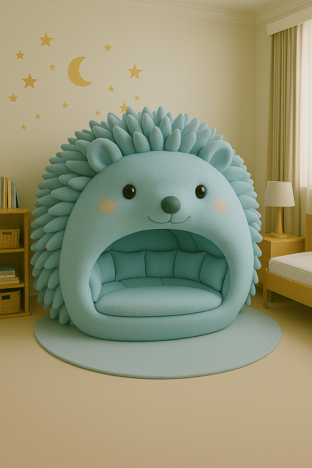 Light blue hedgehog pod chair with round spines and smiling face in a softly lit nursery