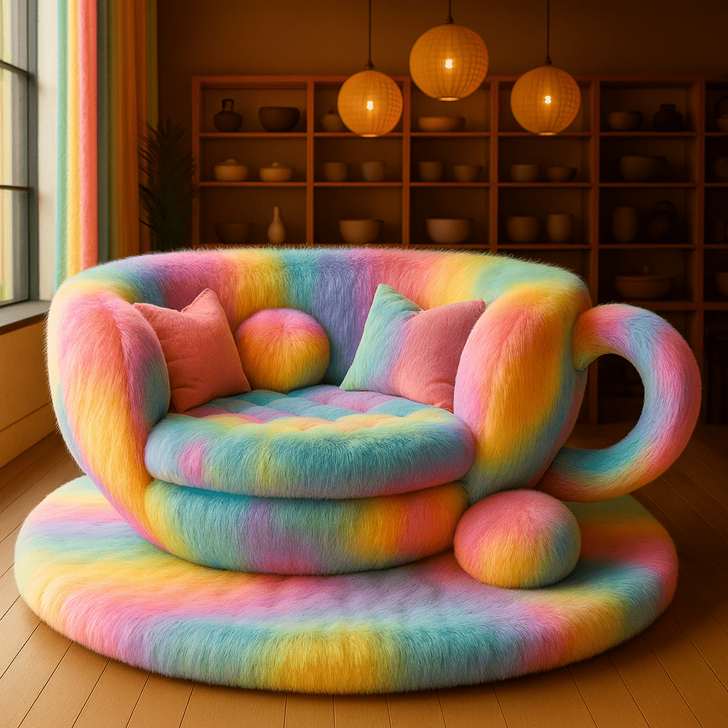 Colourful rainbow teacup-shaped sofa with plush fur texture in a cosy living room.