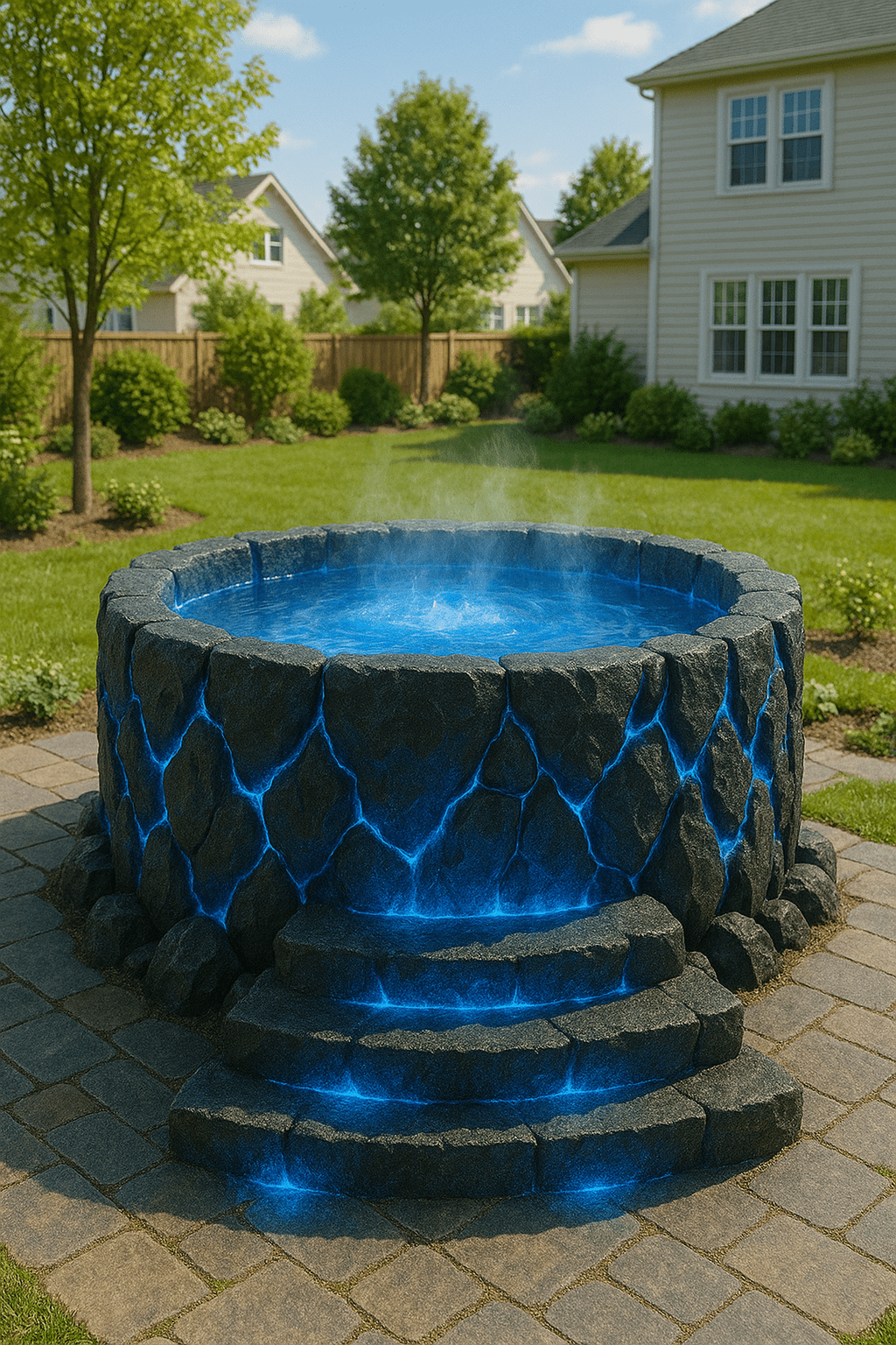 Blue illuminated lava-themed hot tub with glowing cracks in natural daylight