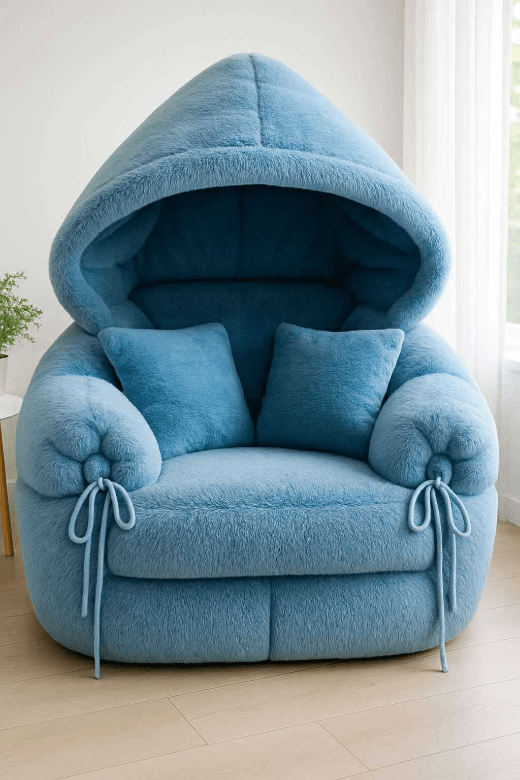 Blue armchair with cushions in a bright living room with natural light.