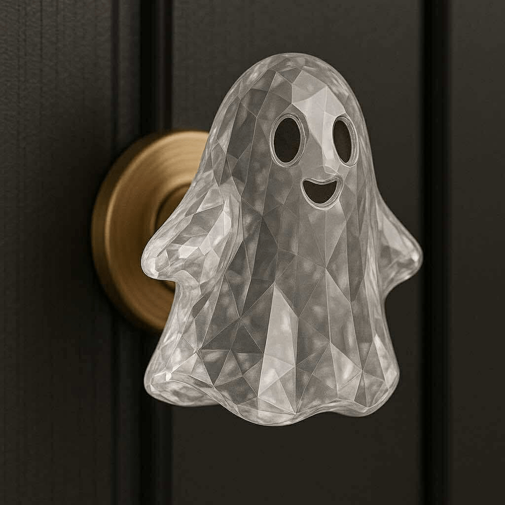 Transparent faceted ghost-shaped door knob on a black door
