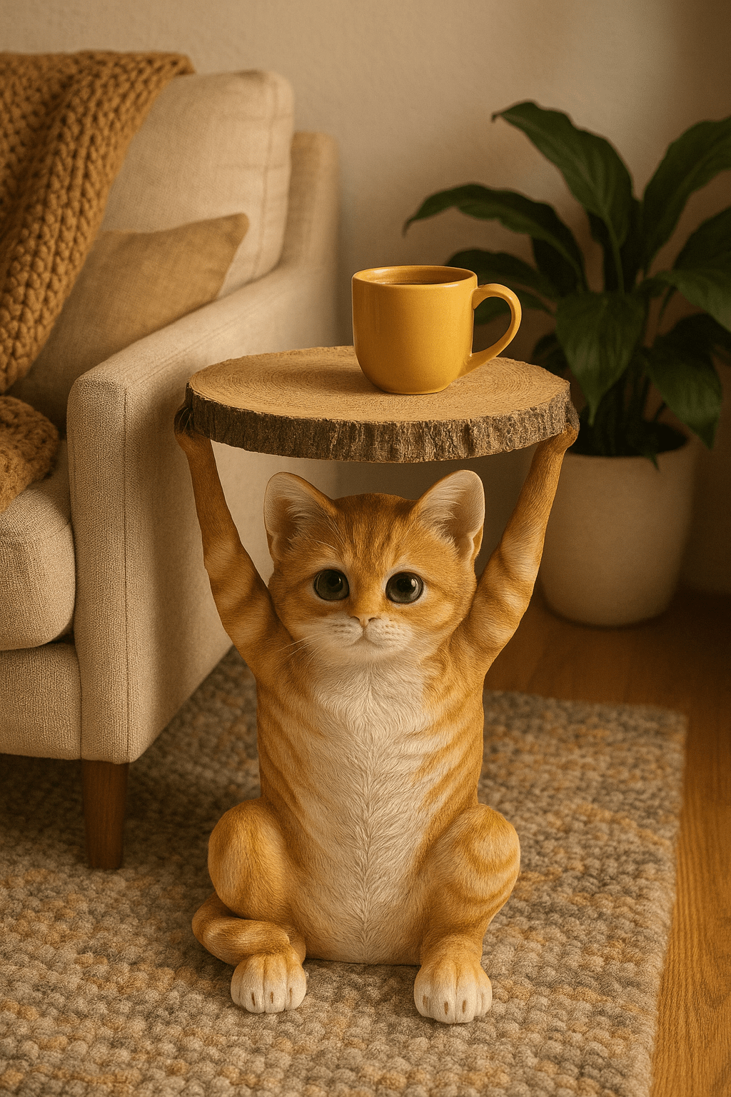 Cute ginger cat side table with realistic fur texture and round wooden top