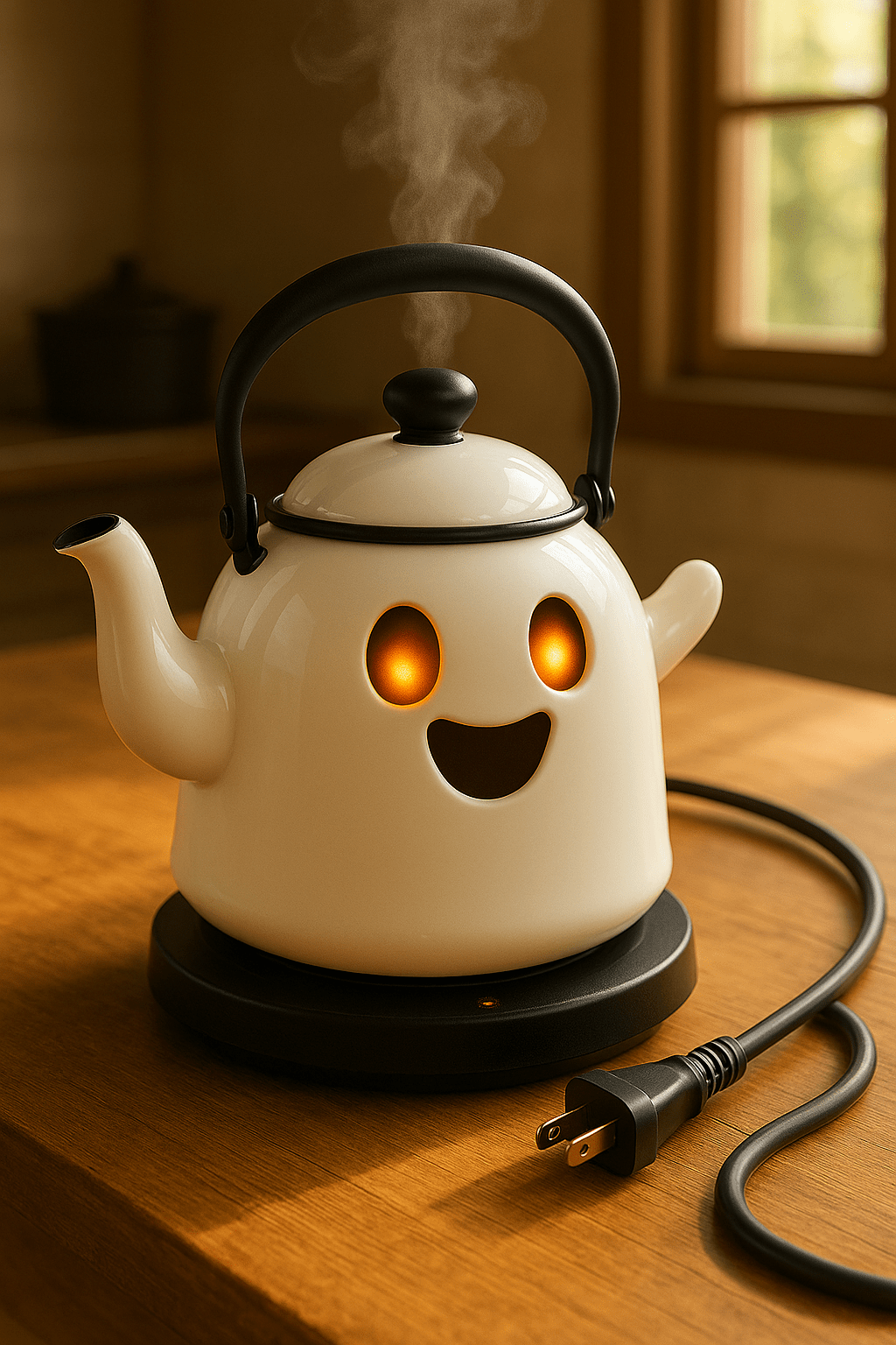 Cream ghost kettle with smiling glowing face releasing steam near a window.