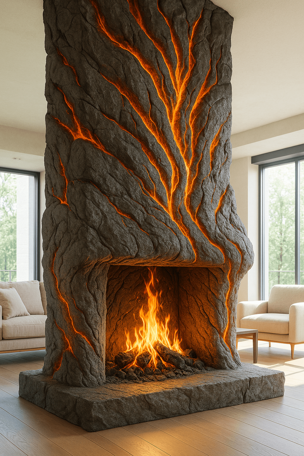 A dramatic stone fireplace glowing with orange magma-like light and an active flame in a cosy room.