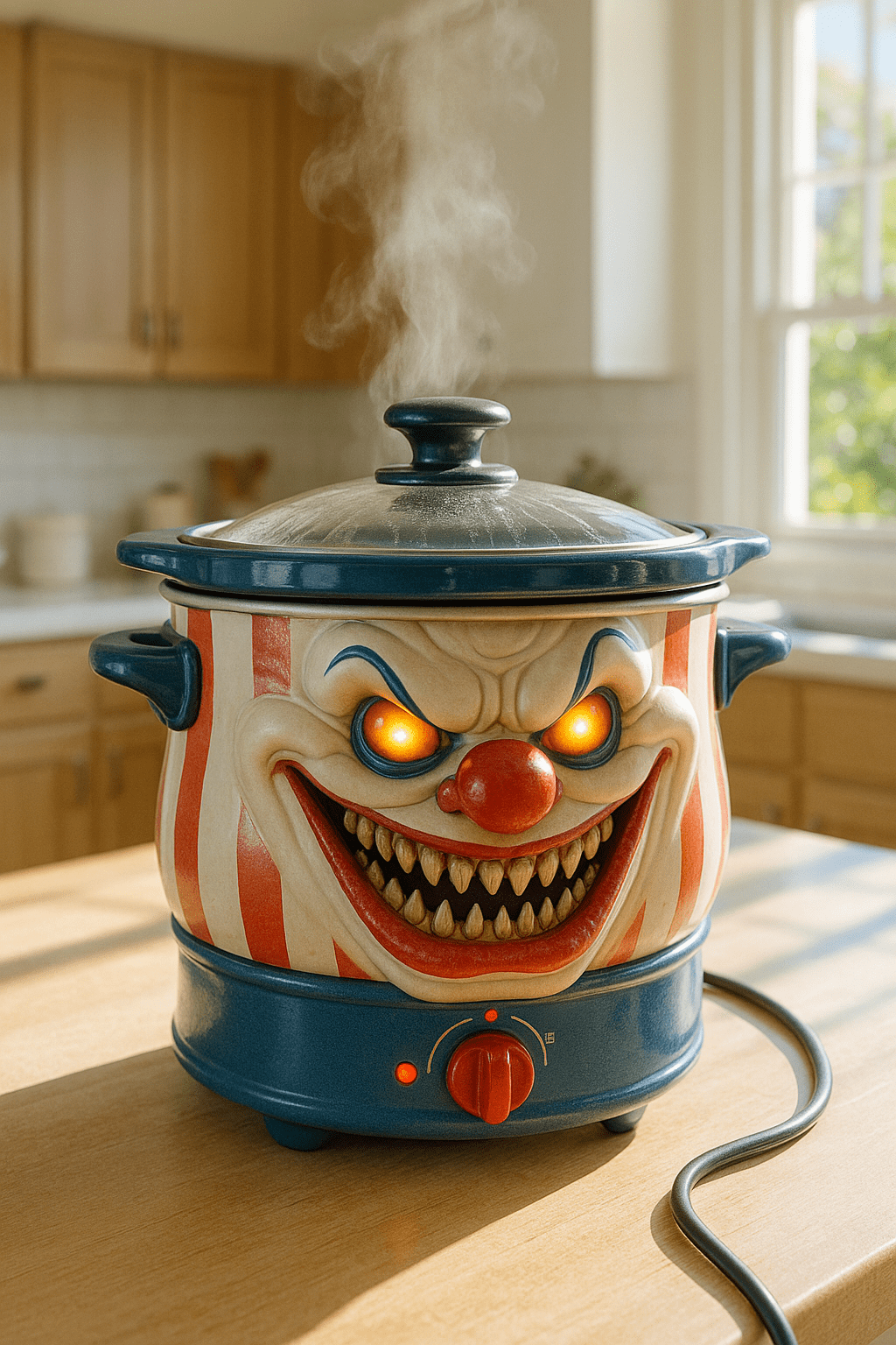 A red and cream striped clown-shaped slow cooker with glowing eyes and a wide toothy grin, set in a bright kitchen.