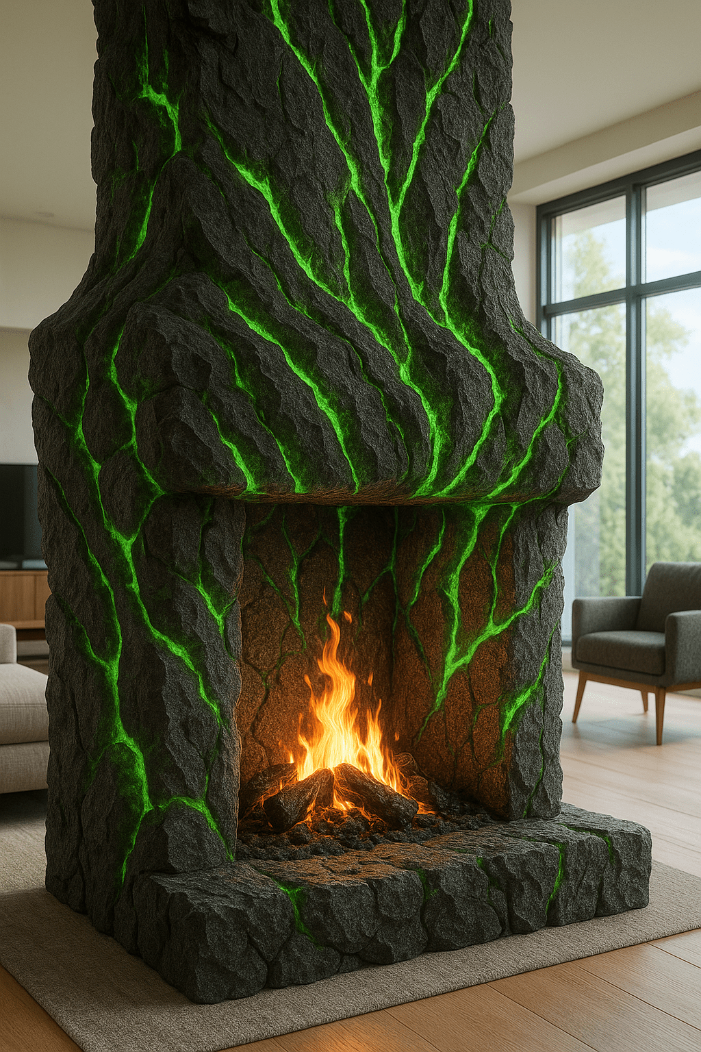 A lava-textured fireplace with bright green illuminated fissures in a light-filled lounge area.