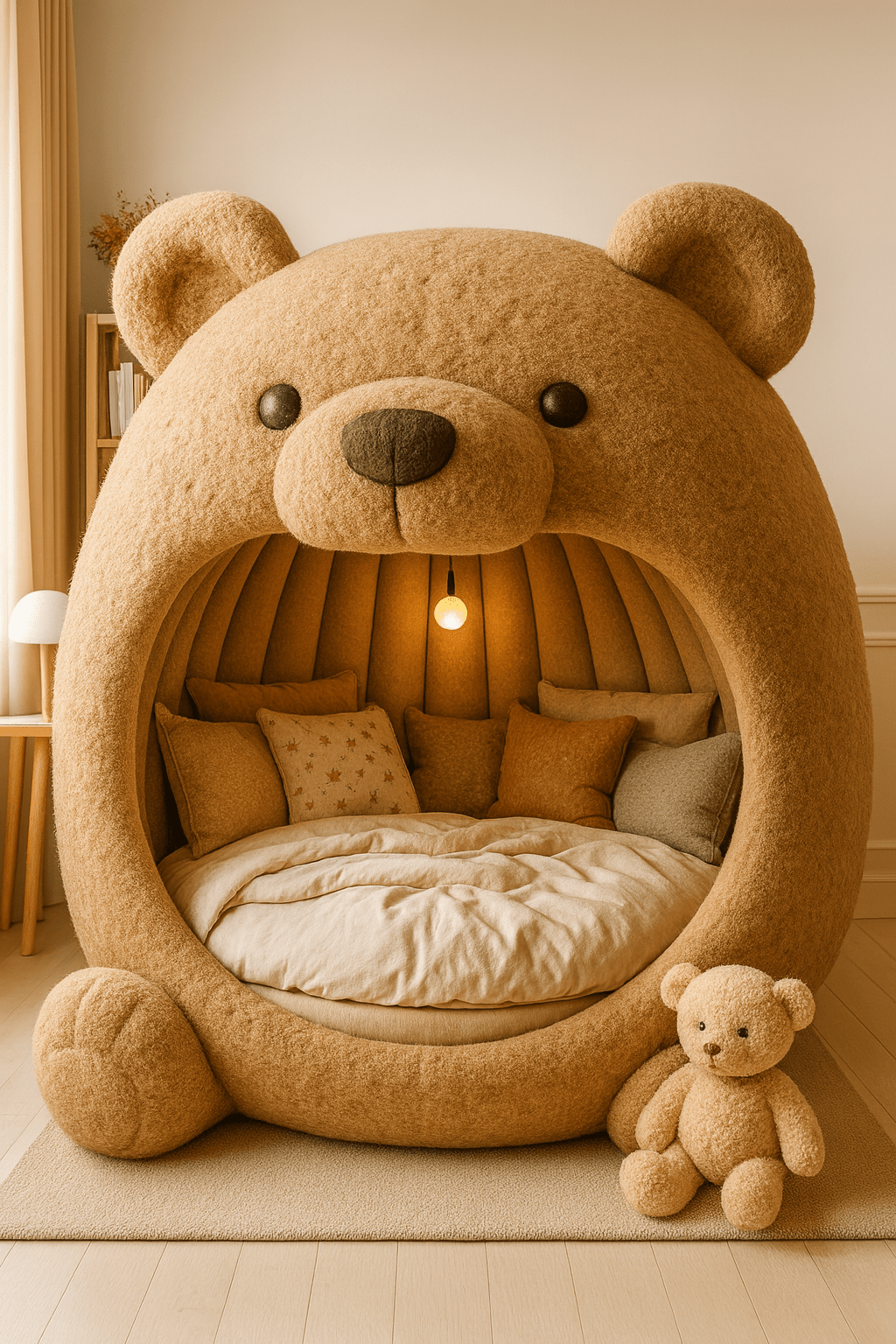 A brown teddy bear-shaped novelty bed with warm lighting and a matching teddy bear toy.