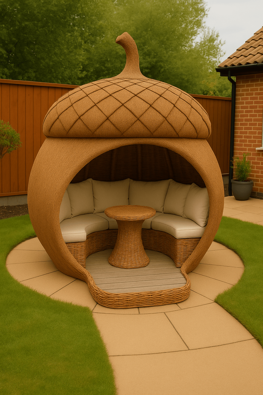 Large brown acorn-shaped garden pod with cream cushions and woven rattan table on stone tiles.