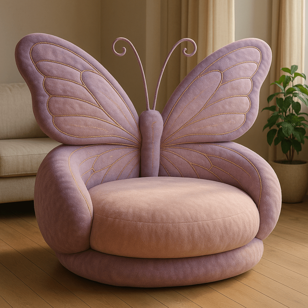 Lilac butterfly sofa with delicate pastel wings in a softly lit modern space