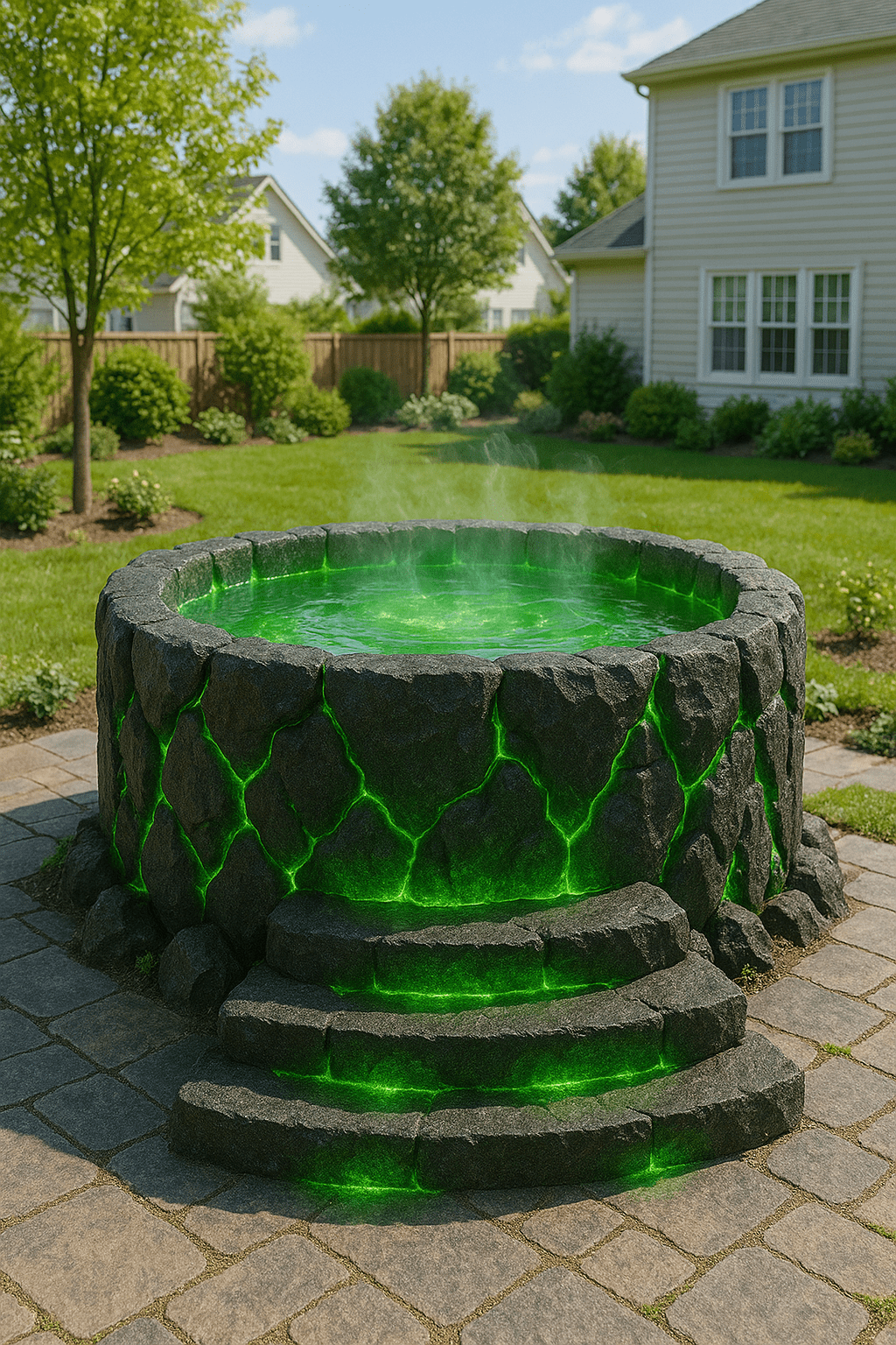 Glowing green lava-inspired hot tub on a stone patio in a landscaped garden
