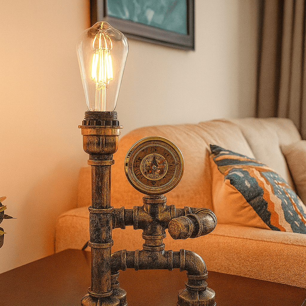 Industrial steampunk-style lamp featuring a brass clock face and Edison bulb on a wooden table.