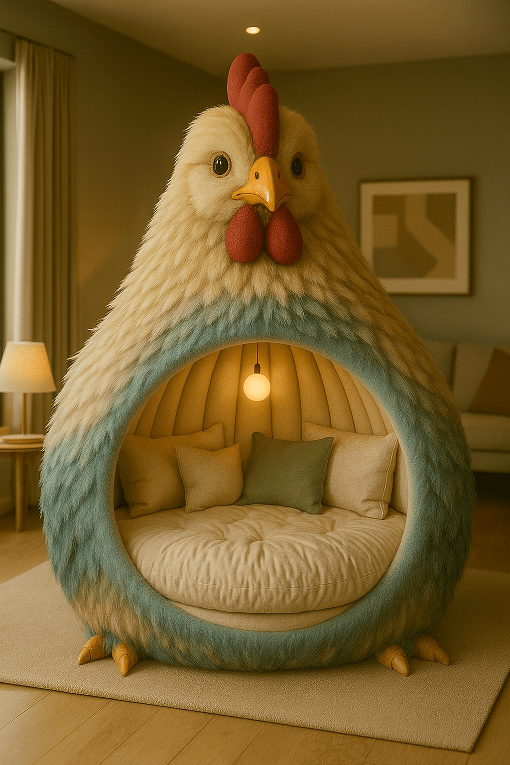 Large aqua and ivory chicken-shaped lounge chair with cream cushions and pendant light in a neutral living room.