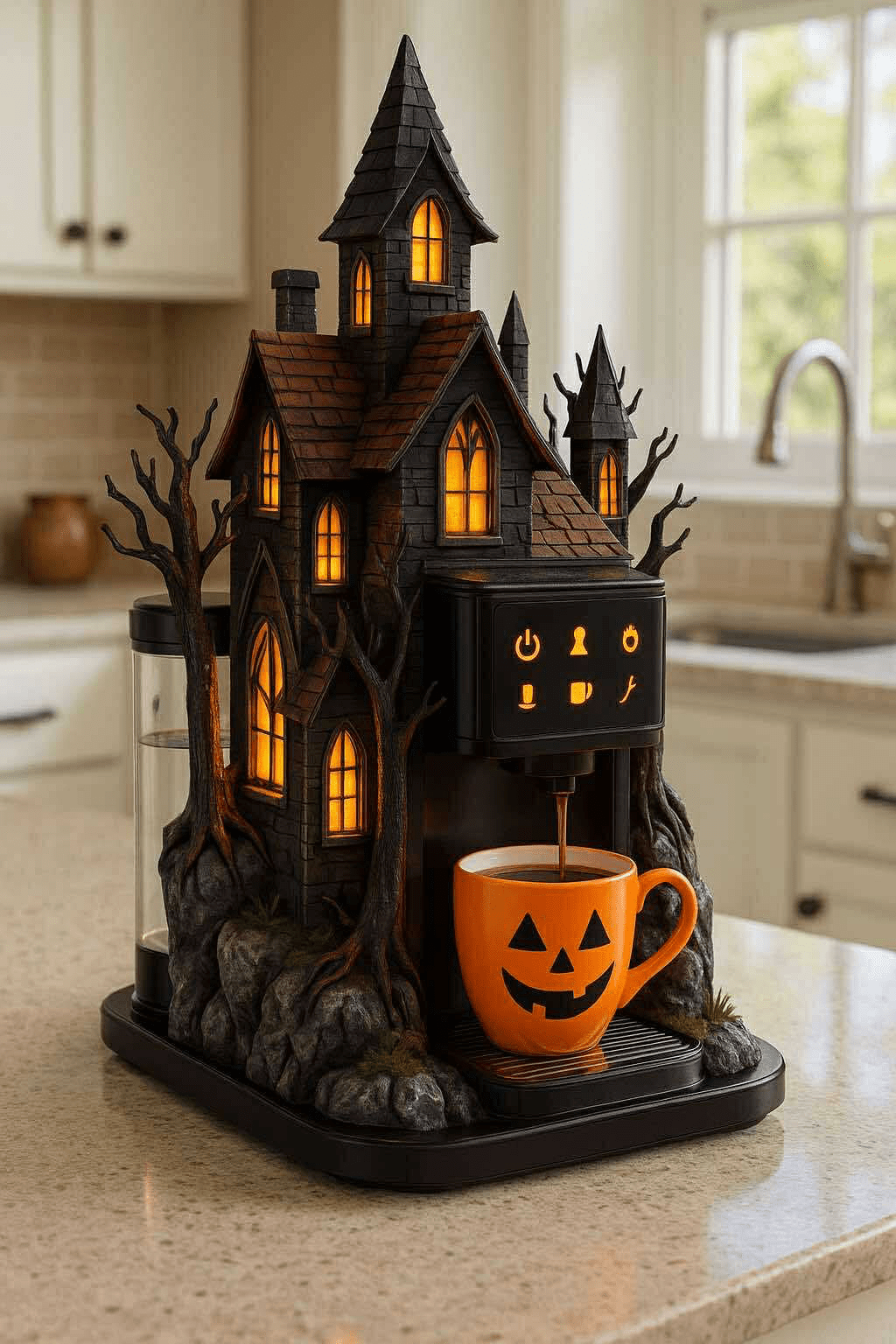 A spooky Halloween-style coffee machine with glowing orange windows and a jack-o’-lantern mug.
