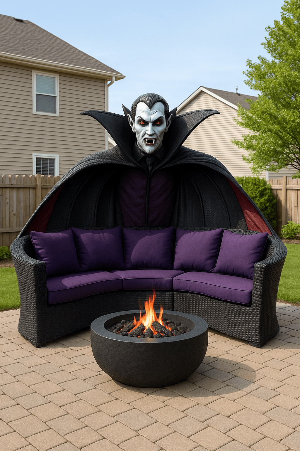 Unique outdoor vampire sofa with purple cushions and vampire design in garden.