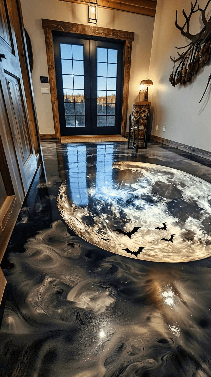 Epoxy floor featuring a glowing moon and flying bats in a rustic interior
