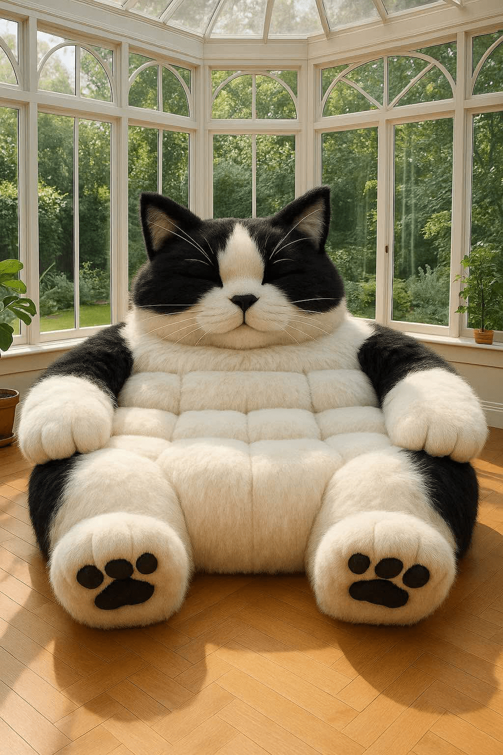 Giant black and white cat-inspired sofa in a sunlit conservatory surrounded by greenery.