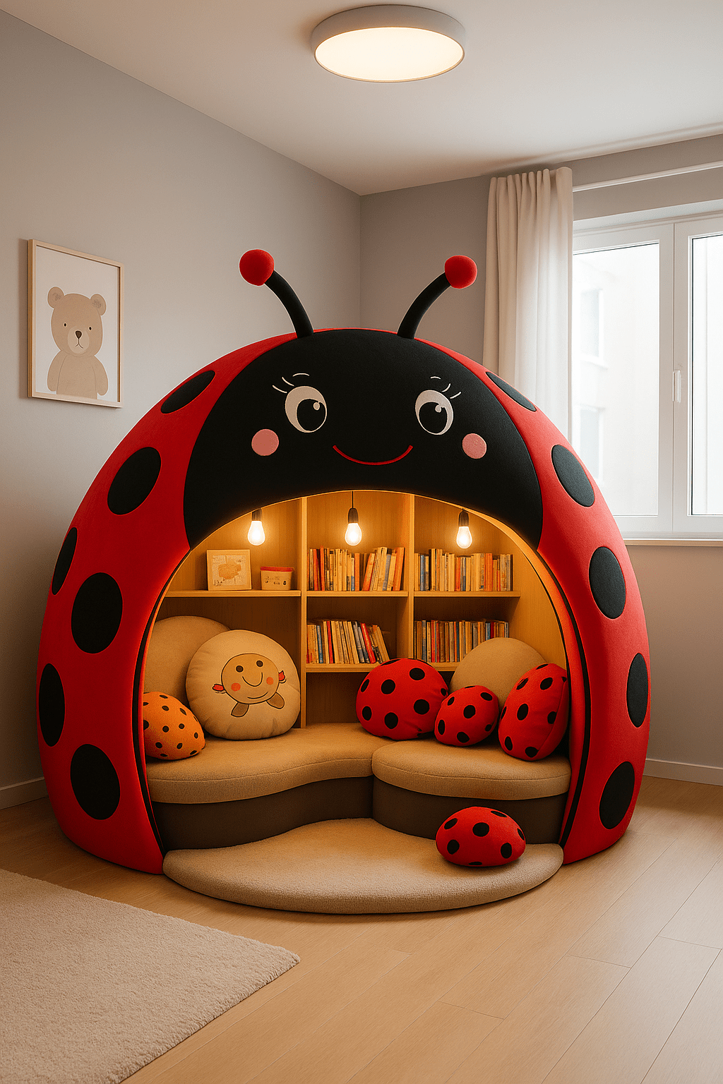 Red and black ladybird-themed reading nook for children with playful polka-dot cushions