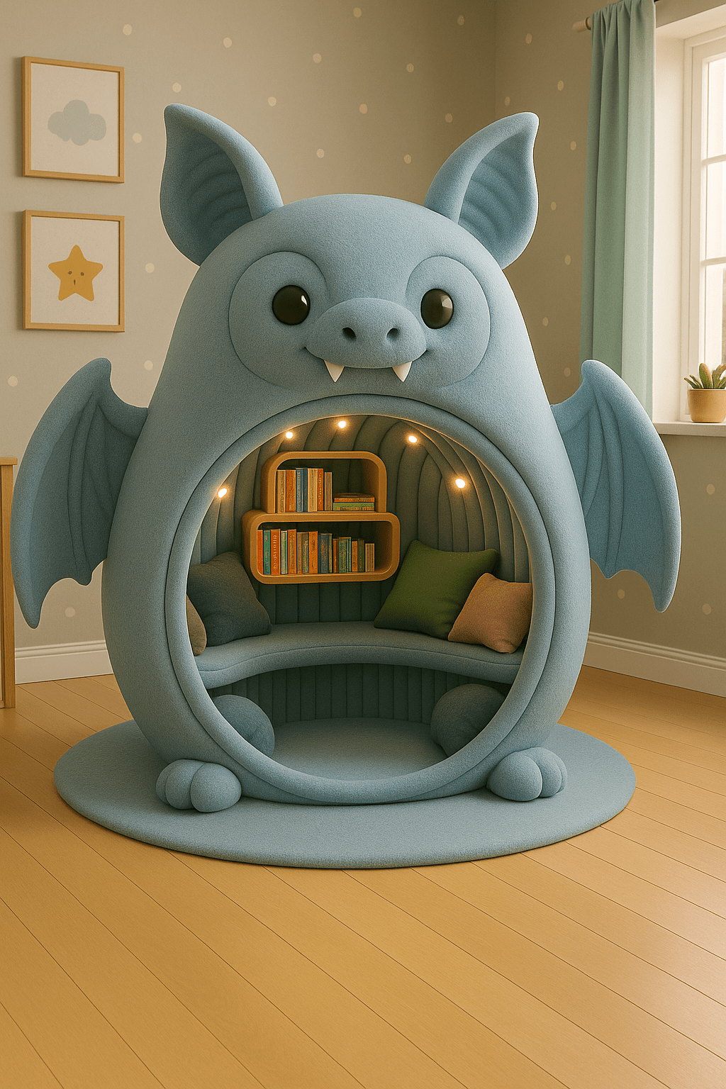 Powder blue bat with plush seating, green cushions, and gentle warm lighting.