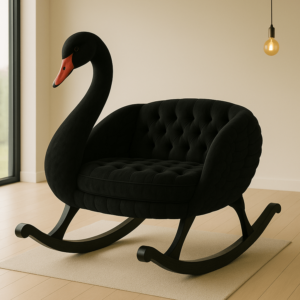 Black swan-inspired rocker chair with deep upholstery and dark wood rockers in a minimalist interior