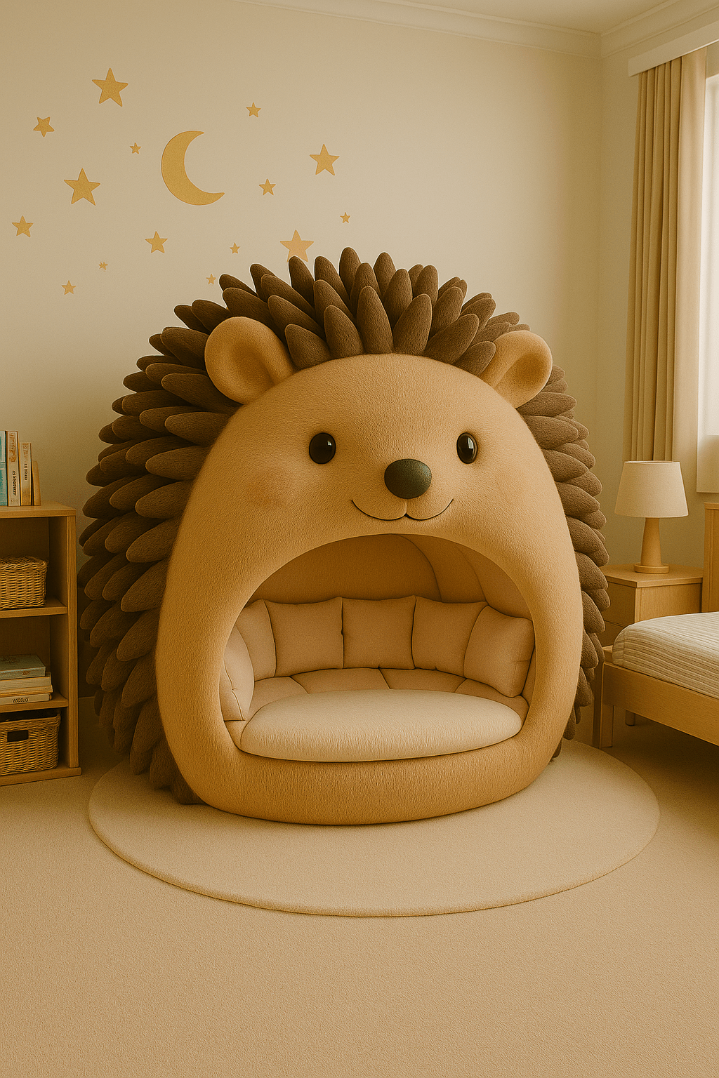 Beige pod chair with plush interior in a cosy children’s bedroom
