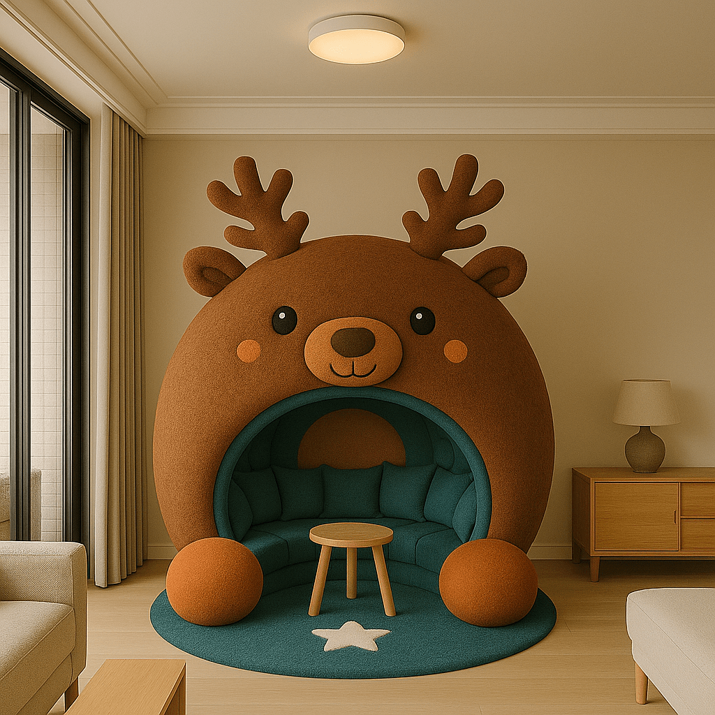 Brown and teal reindeer pod chair with plush circular seating and matching rug