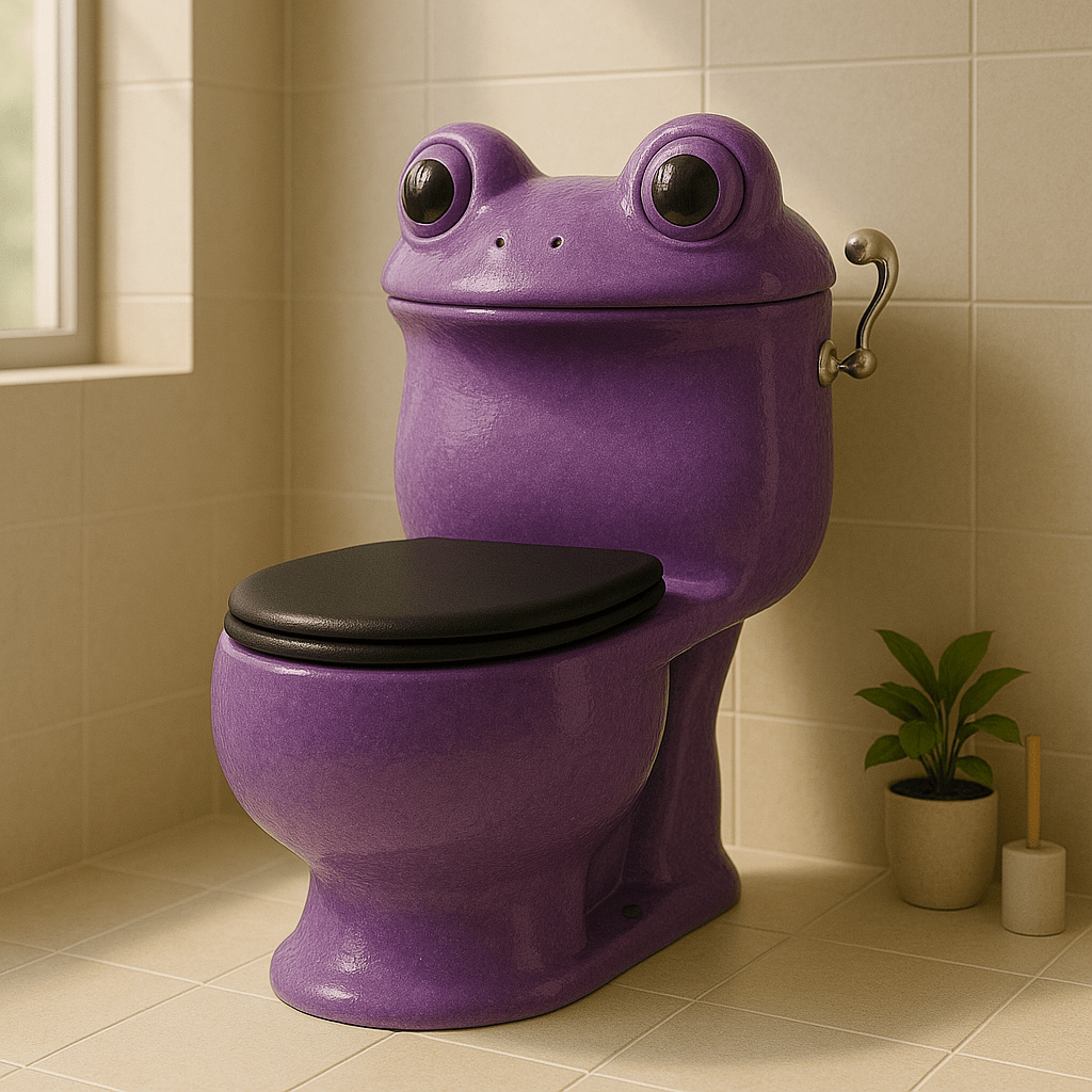 Purple frog-shaped toilet with glossy ceramic finish and silver flush handle