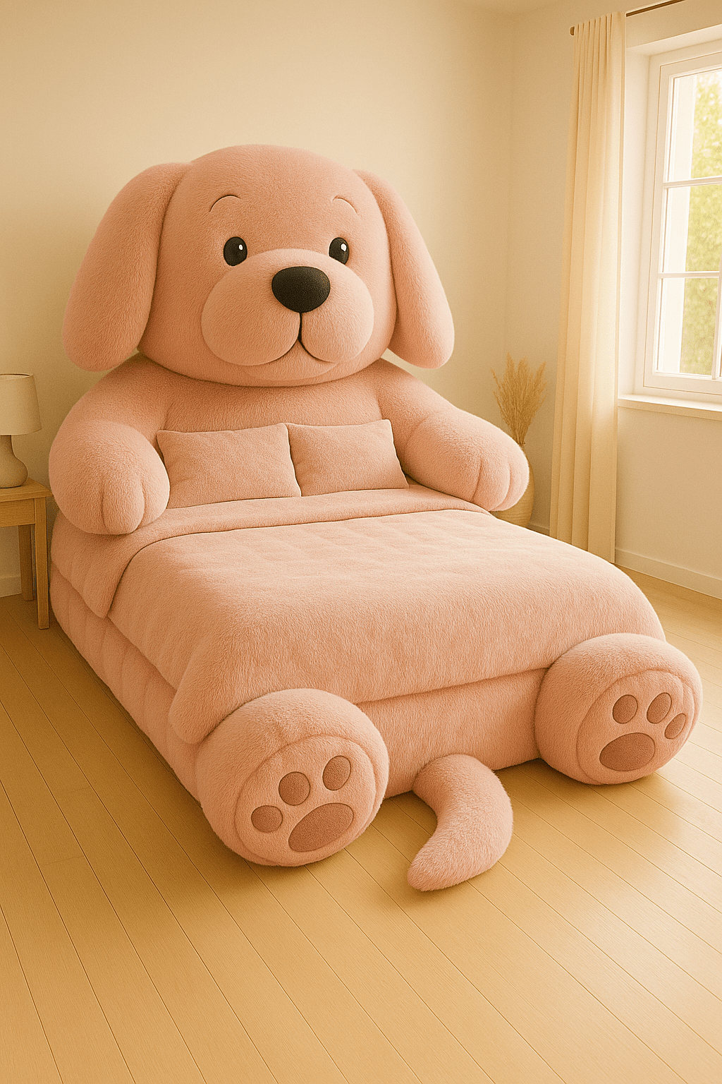 Fluffy pink bed with round paws and soft tail in cosy bedroom