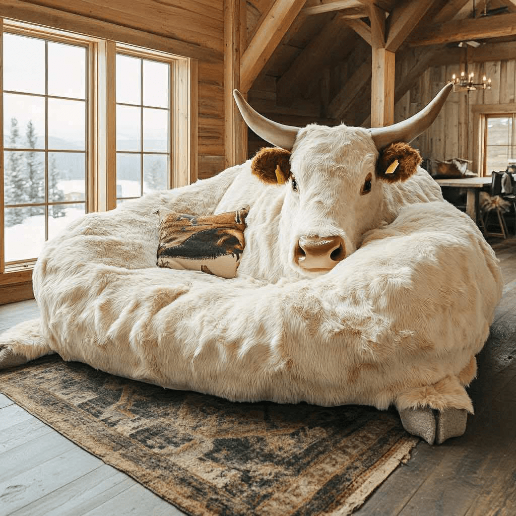 Cosy white longhorn-inspired cow-shaped sofa in a wooden cabin living room with large windows