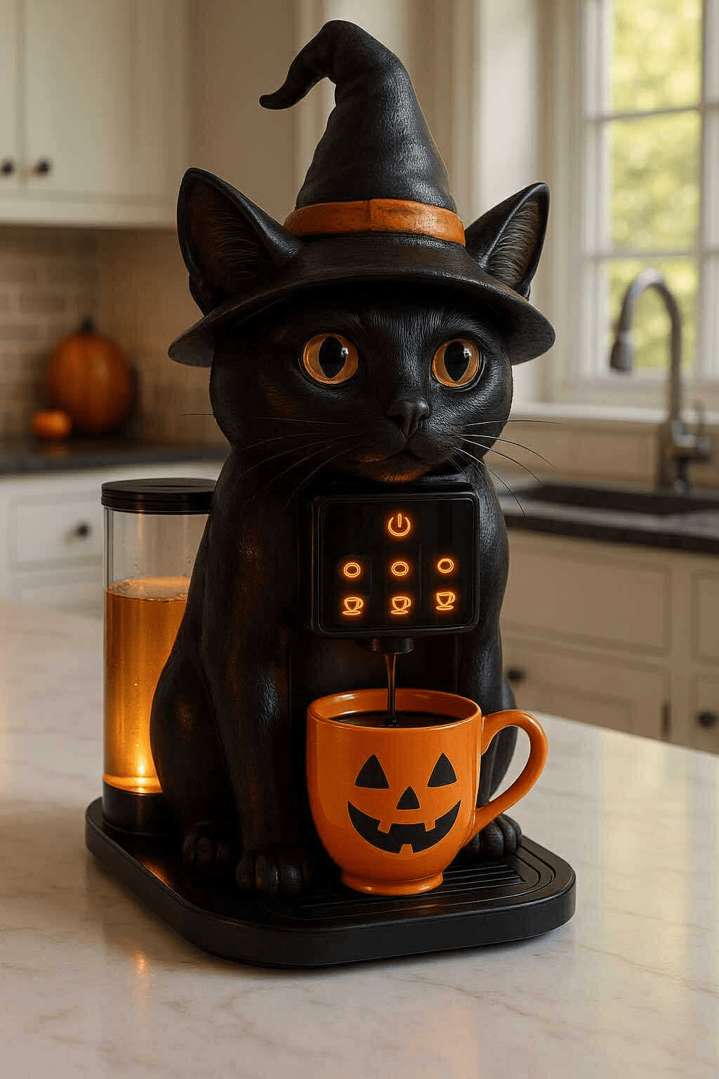 Halloween black coffee maker with orange glowing buttons and a matching pumpkin mug.