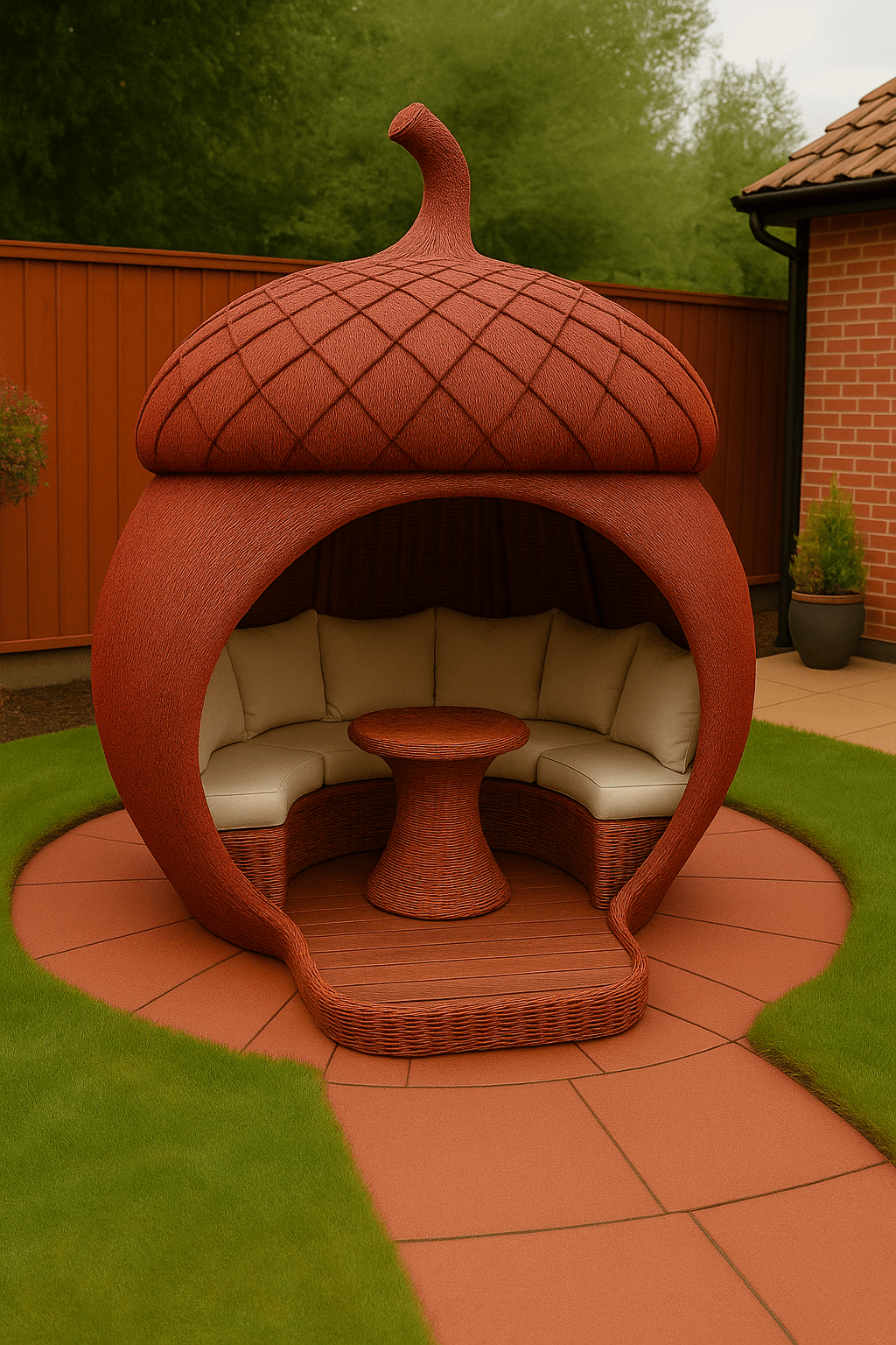 Oversized burnt orange outdoor chair with cream cushions on terracotta tiles.