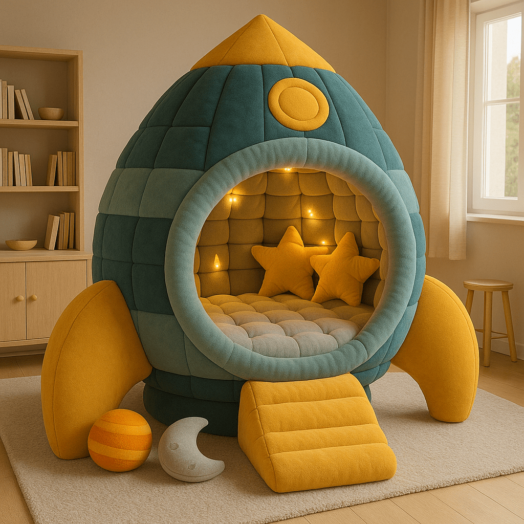 Teal and mustard yellow rocket ship bed with soft lighting and star-shaped cushions in a modern children’s room.