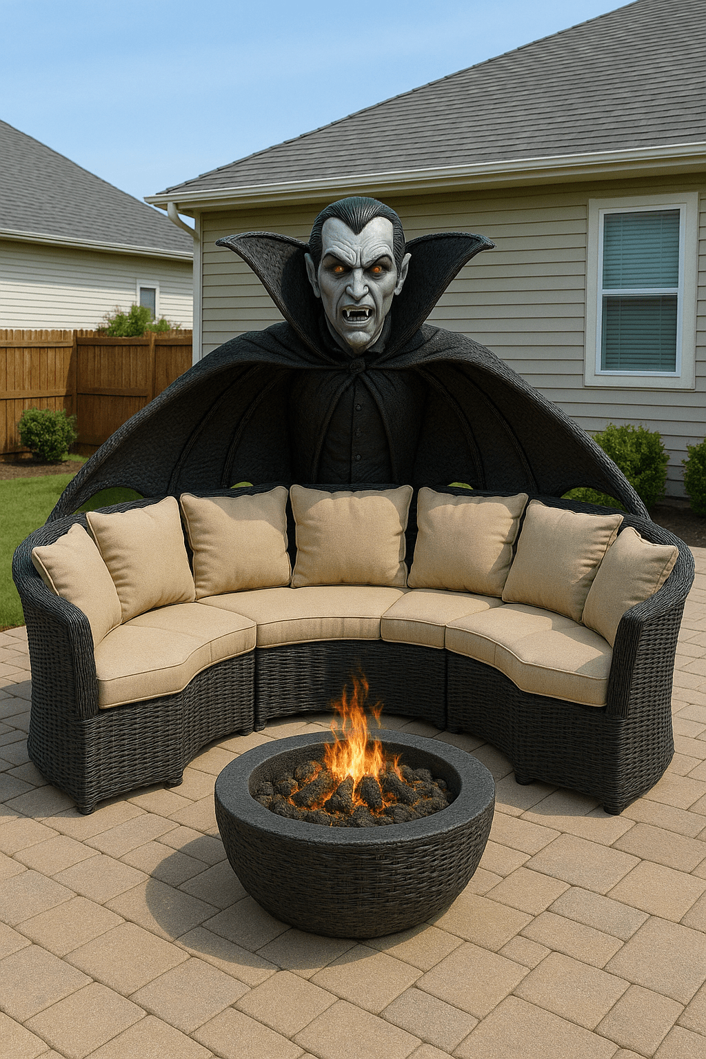 Outdoor wicker vampire sofa with neutral beige cushions and firepit in suburban setting.