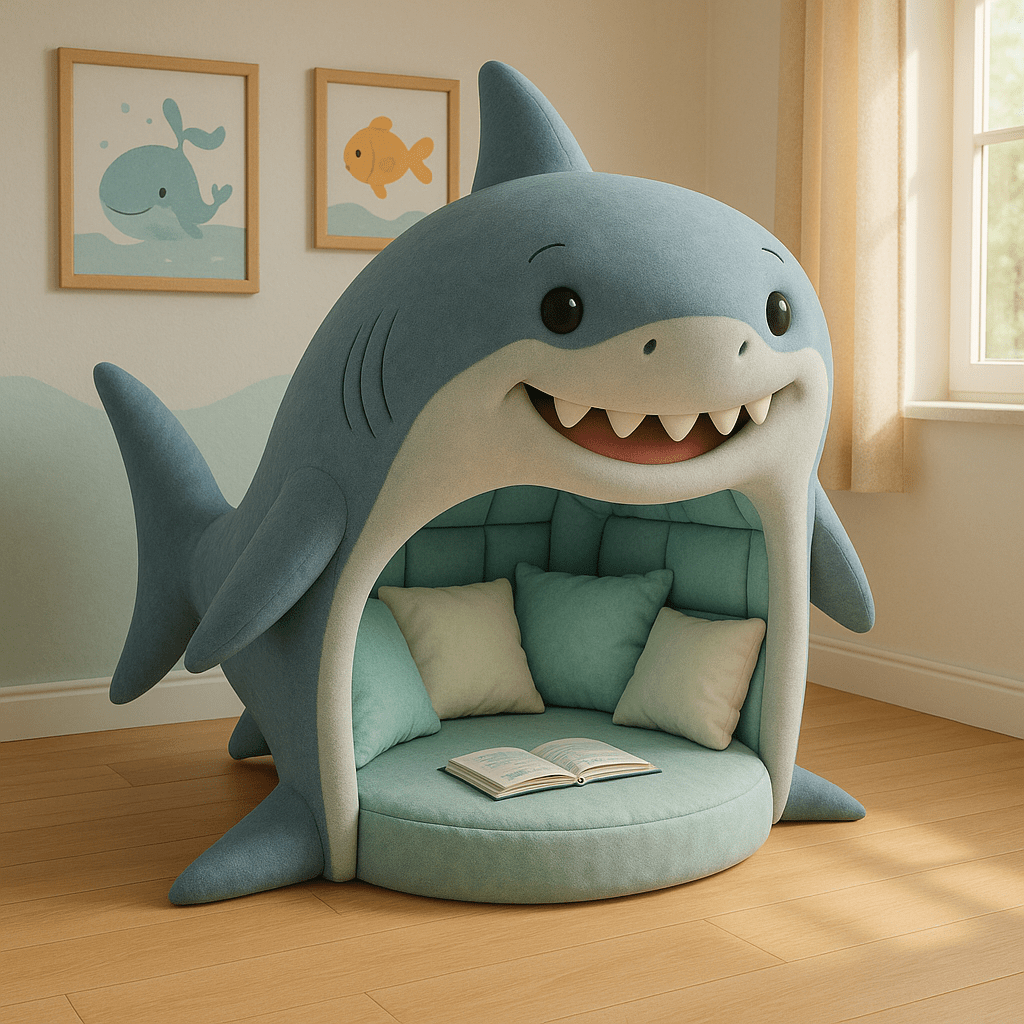 Blue shark-shaped reading pod with soft cushions and a cheerful expression in a children’s space.