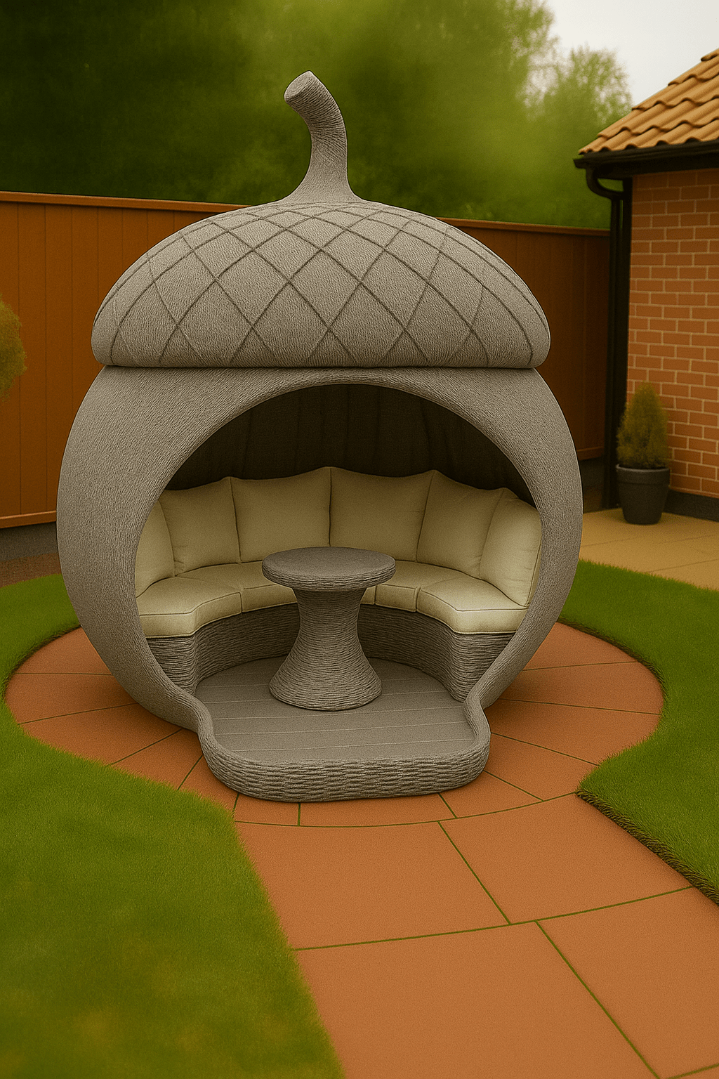 Grey acorn-inspired outdoor seating pod with cream cushions and central rattan table in a garden setting.