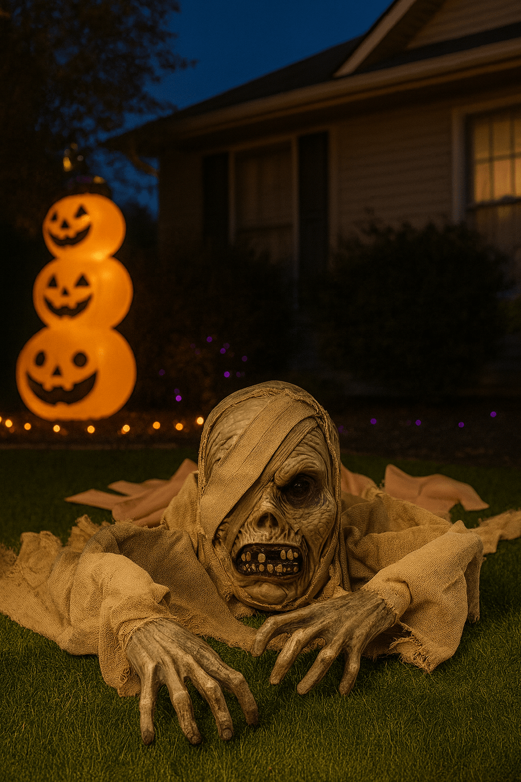 Realistic mummy Halloween prop crawling out of the grass in a suburban garden at dusk