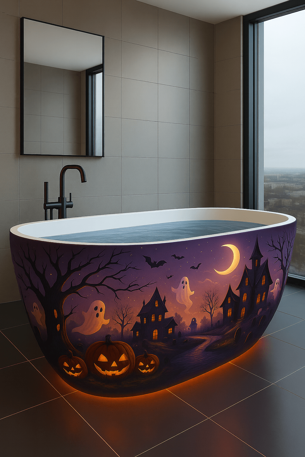 Halloween bathtub featuring ghosts, bats, pumpkins, and haunted house at night