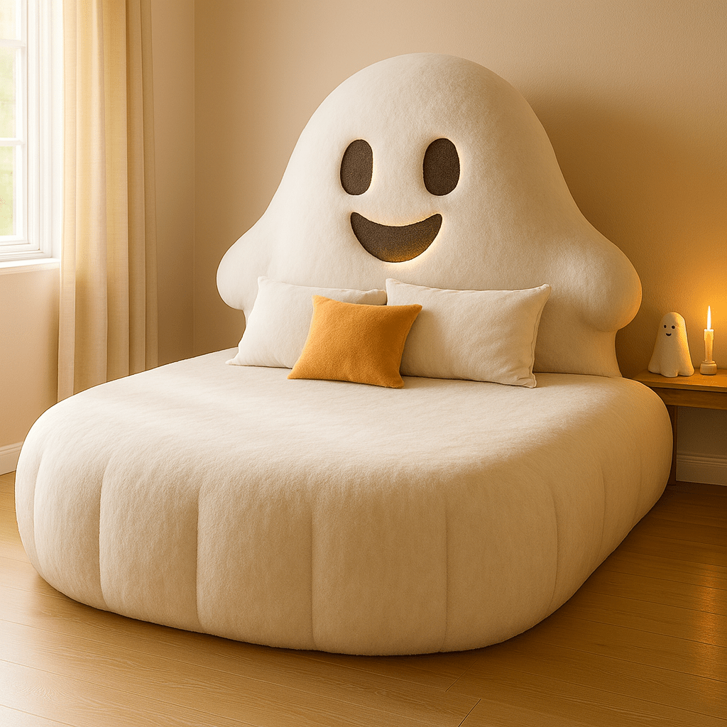 White ghost-shaped bed with glowing face and orange accent cushion